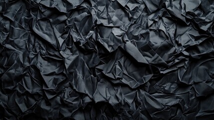 Crumpled black textile fabric with textured surface showcasing deep folds and shadows creating an abstract background design.
