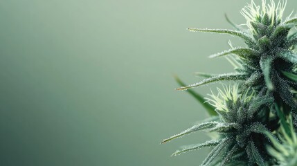 Cannabis plant highlighting abundant trichomes with a soft gradient background and a blank section for customizable text placement