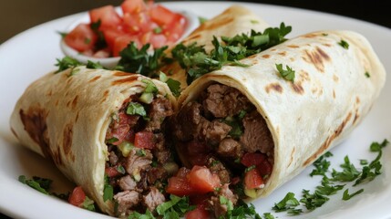 Beef burritos filled with diced tomatoes and herbs, elegantly garnished with parsley on a simple, neutral background.