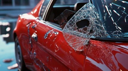 Damaged side mirror of a red car featuring shattered glass and exposed wiring, highlighting significant wear and potential collision impact.