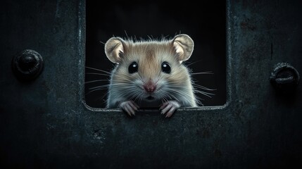 Frightened laboratory mouse with dark eyes peering through a metal enclosure, evoking themes of awareness, healthcare, and ethical concerns in animal testing.