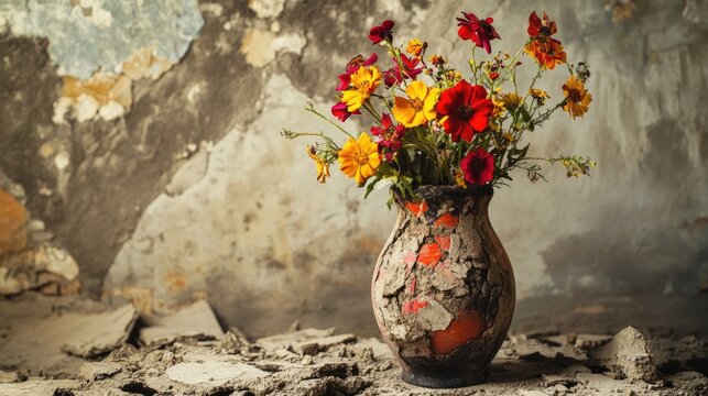 Damaged vase adorned with vibrant flowers set against a crumbling wall, symbolizing fragility amidst the aftermath of an earthquake's devastation.