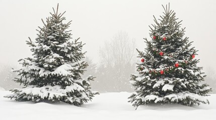 Fototapeta premium Snowy pine trees decorated with red ornaments on a winter landscape, creating a serene holiday atmosphere with ample space for text.