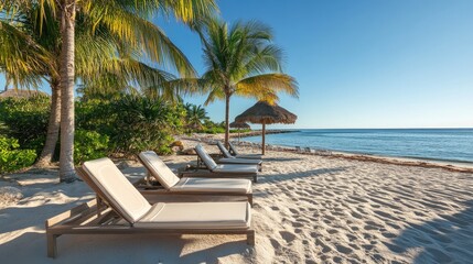 Tropical beach with lounge chairs nestled on soft white sand, surrounded by swaying palm trees and a thatched umbrella, perfect for relaxation and tranquility.