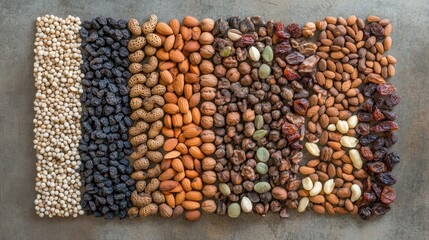 Assorted nuts and dried fruits meticulously arranged in a vibrant, colorful display on a textured surface, highlighting the diversity of organic snacks from a top-down perspective.