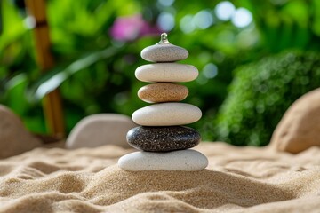 Stacked Zen stones on sand with a nearby bamboo fountain gently dripping water