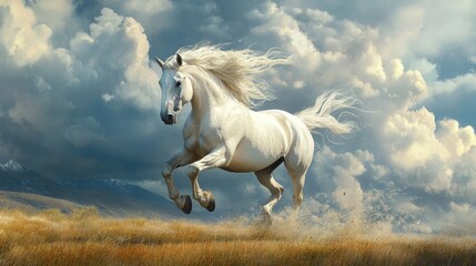 A majestic white horse gallops through a vast grassy field beneath dramatic clouds, with distant mountains providing a stunning backdrop.