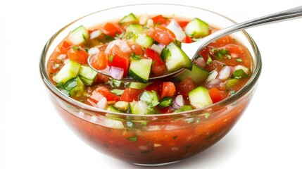 A bowl of refreshing gazpacho soup with ripe tomatoes, cucumbers, peppers