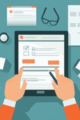 Online form submission, responsive design interface, flat design illustration