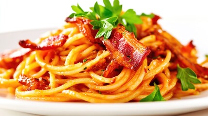 Delicious spaghetti carbonara garnished with crispy bacon and vibrant parsley served on a clean white plate, perfect for lovers of Italian flavors