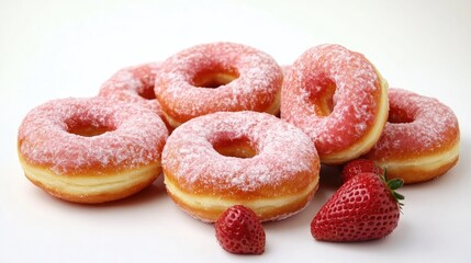 Frosted strawberry donuts with powdered sugar displayed alongside fresh strawberries on a pristine white background