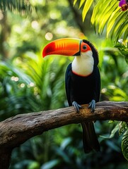 Fototapeta premium A toucan with a large, colorful beak perches on a branch in a lush, green rainforest.