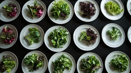 Obraz premium Bountiful banquet setup featuring neatly arranged plates of colorful salads and fresh greens on an elegant black tablecloth.