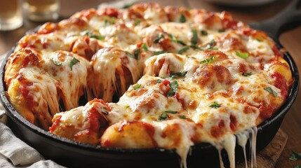 Savory Deep Dish Pizza with a Thick Crust, Generously Topped with Melted Cheese and Hearty Tomato Sauce, Served in a Cast Iron Pan