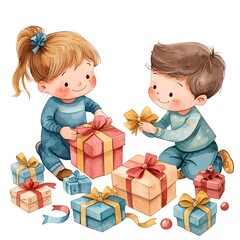 Two Adorable Children Excitedly Opening Presents on a White Background - Watercolor Illustration.