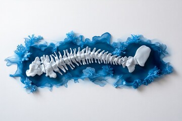 Watercolor painting of a spine X-ray, soft blues and grays creating a gentle medical-themed artwork
