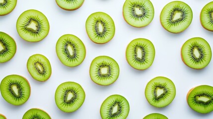 Sliced kiwi fruits arranged in a flat pattern showcasing vibrant green flesh and distinctive black seeds against a clean white background.