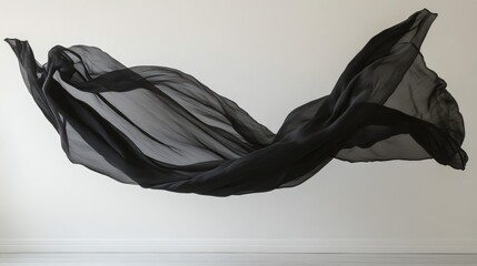 Flowing black fabric gracefully suspended in mid-air, contrasting elegantly with a bright white background, showcasing its delicate texture and movement.