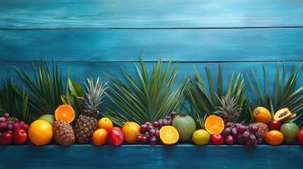 Assorted ripe tropical fruits including pineapples, grapes, and oranges arranged on palm leaves, set against a vibrant blue wooden background.