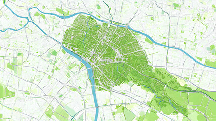 Obraz premium An Illustrated Map Depicting a City with a River Winding Through It, Surrounded by Lush Greenery, with Detailed Street Networks and Park Areas