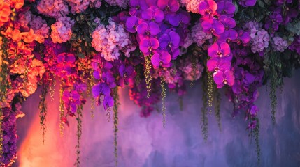 Plakat Vibrant floral backdrop adorned with lush purple orchids and delicate pink flowers cascading elegantly against a soft background.