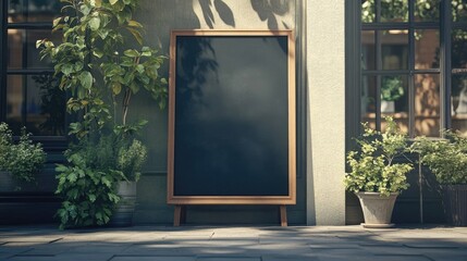 Outdoor cafÃ© menu board positioned at the entrance with a blank black surface, framed in wood and surrounded by lush greenery and potted plants.