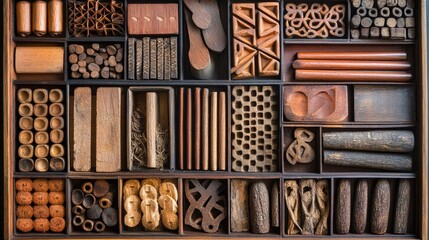 Assorted vintage wooden printing blocks and type pieces arranged in a grid, showcasing varied shapes and sizes for traditional typography.