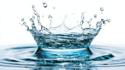 Splashing water creating dynamic droplets against a bright white background, showcasing intricate patterns and vibrant clarity in the liquid's motion.