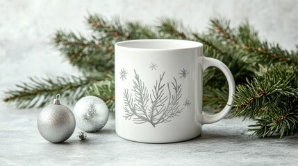White mug mockup with silver ornament accents and Christmas tree branches on a light concrete background, showcasing a festive side view with space for customization.