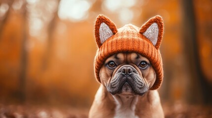 French Bulldog wearing a cozy knitted hat with fox ears, set against a blurred autumn forest with warm orange hues.