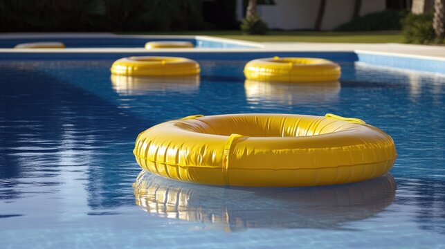 Inflatable yellow life rings floating in a serene blue swimming pool, emphasizing safety equipment for drowning prevention and water activities.