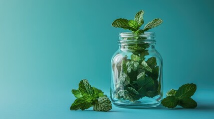 Transparent jar filled with fresh mint leaves, showcasing vibrant green against a soothing blue backdrop, perfect for low-calorie and sugar-free lifestyle promotions.