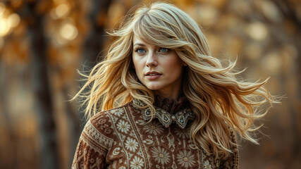 Naklejka premium Beautiful Woman with Blonde Hair in Autumn Setting
