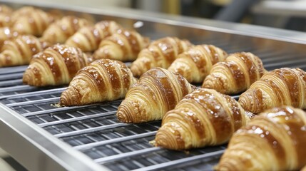 Glazed croissants cooling on a production line, showcasing golden-brown layers and a shiny finish in a modern manufacturing facility.