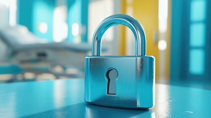 Fototapeta premium Padlock Representing Data Security in a Modern Medical Environment with Soft Blue Colors and a Blurred Hospital Background
