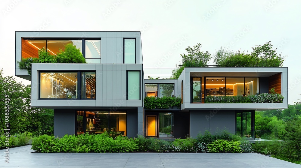 Poster innovative eco friendly architecture concepts highlighting the use of sustainable materials and gree