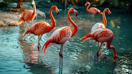 Flamingos standing shallow water their vibrant pink feathers and graceful necks creating a strikingly beautiful scene