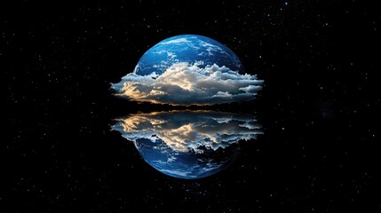 Stunning nighttime view of Earth with vibrant blue hues and fluffy clouds mirrored perfectly on a serene surface beneath a starry sky.