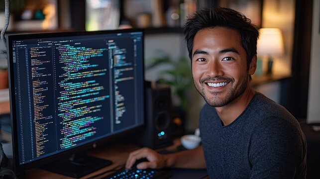 a smiling ethnically ambiguous male website coder (30 years old), wearing business casual clothing, working at a desktop computer, with coding on the screen, in a home office 