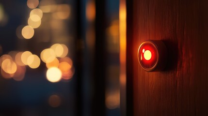 Fire safety sensor illuminated in red with a blurred warm bokeh background, featuring ample space for overlaying text or graphics.
