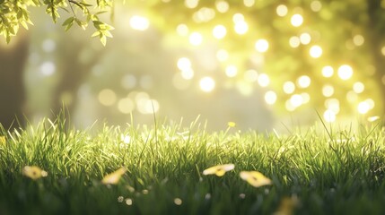 Fototapeta premium Lush grassy floor under soft sunlight with a dreamy bokeh effect, creating a serene summer backdrop filled with gentle warmth and vibrant colors.