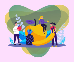 Happy people keeping healthy diet. Men and women holding fruits, apple, pineapple, banana. Vector illustration for fitness, dietitian nutrition, organic food concept