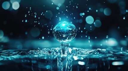 Close-up view of a large water droplet splashing into a pool, creating intricate ripples and sparkles in a vibrant blue background with space for text.