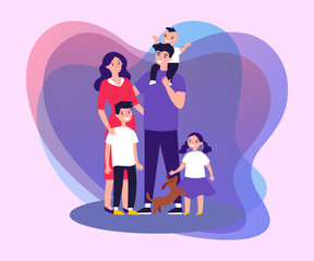 Fototapeta premium Happy family couple with kids and pet standing together outside. Vector illustration for family, togertherness, parenthood concept