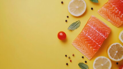Fresh salmon fillets with lemon slices and cherry tomatoes on a bright yellow background ideal for seafood restaurant menus and culinary promotions