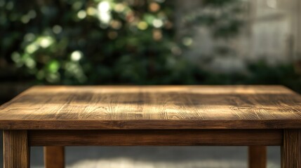 Fototapeta premium Wooden table foreground with a softly blurred background of lush greenery, creating a serene and inviting atmosphere.