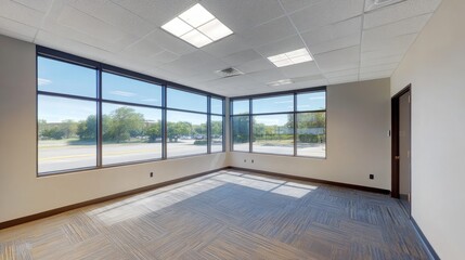 Bright and airy office space with expansive windows, perfect for video calls and virtual backgrounds, featuring a clean, modern design.