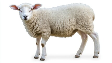 Fototapeta premium Young, fluffy white sheep standing in profile, looking inquisitively at the camera with a smooth coat, ideal for representing Eid ul Adha themes.