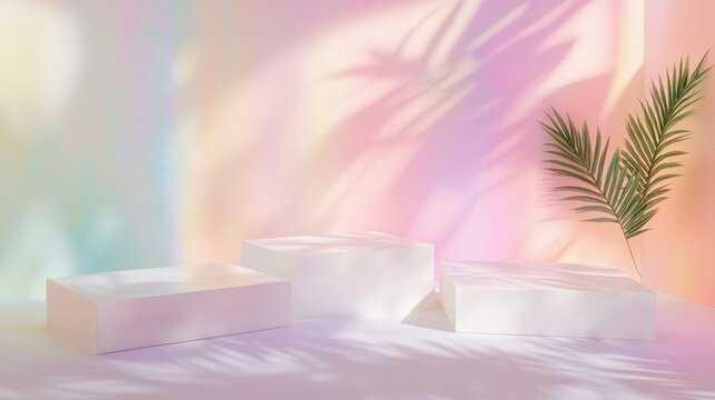Surreal abstract stage with three white rectangular podiums and pastel holographic backdrop, adorned with soft plant shadows for product display use.