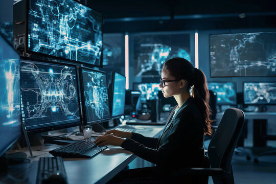 A woman works at a computer. Modern technologies in business. AI